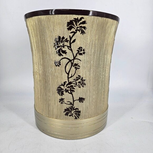 Ceramic Trash Garbage Can 10" Round Gold Brown Ribbed Floral Rustic Asian MCM - Picture 2 of 13